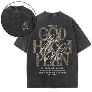 Oversized Vintage-Washed Streetwear T-Shirt, "God Has A Plan" Jeremiah 29:11 Faith Graphic, Comfortable 100% Cotton Crew Neck with Front & Back Print for Men and Women