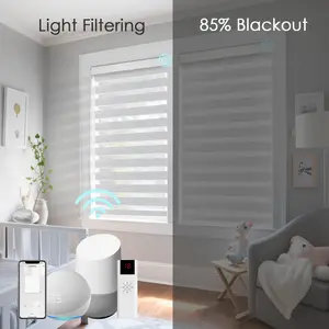 Motorized Zebra Blinds 20"-56" width, Remote controlled Roller Shutters for Windows,85% Blackout Fabric, Cordless Auto Horizontal Dual Layer Day and night Curtains for Bedroom, Living Room, Kicthen, Kids Room. White, Grey, Beige Color Roller Shutters