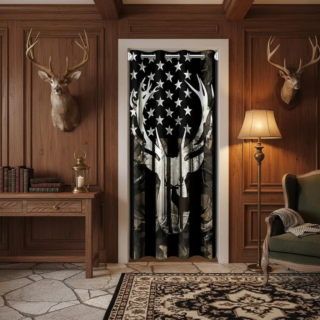 Camo American Flag Doorway Curtain Gift,Deer Antlers Grey Camouflage Door Curtain Bedroom Decor,Wild Animal Hunting Farm Branches Leaves Stars Stripes USA Flag Blackout Curtain