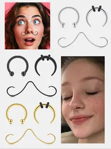 Mustache Septum Ring, Stainless Steel Punk Style, All Season Wear, Available in Silver Color