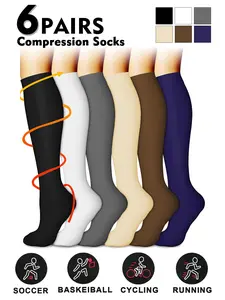 Compression Socks for Men & Women, Sports Running Socks, 20-30mmhg Knee High Design, Running Performance Recovery, 6 Pairs for Circulation Support