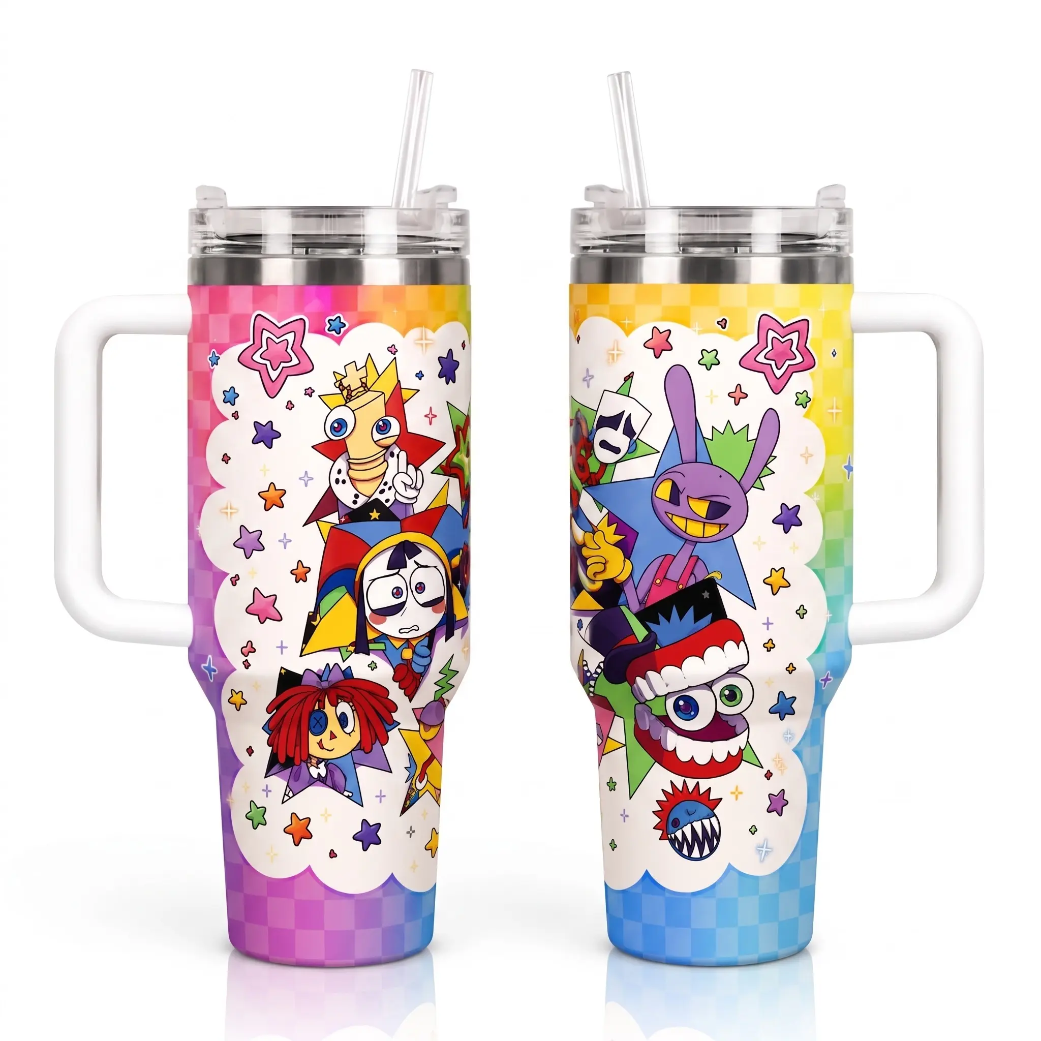 Jax Amazing Digital Circus Rainbow Tumbler 40/30/20oz, Purple Bunny Cartoon Travel Mug with Handle, Stainless Steel Insulated Cup, Gift for Fans