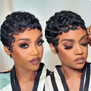 Pixie Cut Wig Human Hair 100% Brazilian Virgin Human Hair Wigs for Black Women Glueless Short Layered Pixie Cut Wig With Bang Natural Black Color Short Curly Wave Wigs for Daily Use