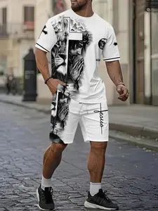 Religious belief Jesus lion cross men's 3D digital printed two-piece set, 2Pcs, trendy fashion set, trendy retro casual two-piece set, vacation style trendy Tropical outfit, breathable sporty casual style, a perfect holiday gift for men, Top