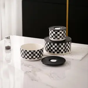 Checkerboard Pattern Food Storage Bowl Set, Ceramic Bowl, Ceramic Salad Bowls, Silicone Lid Container with Lid, Moisture-proof Sealed Food Storage Container for Kitchen, Tableware
