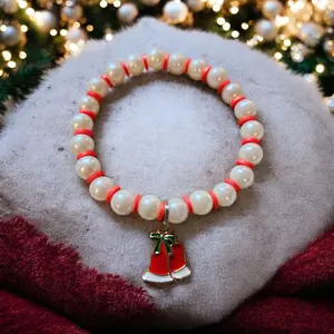 White And Red Beaded Christmas Bracelet With Bell Charm