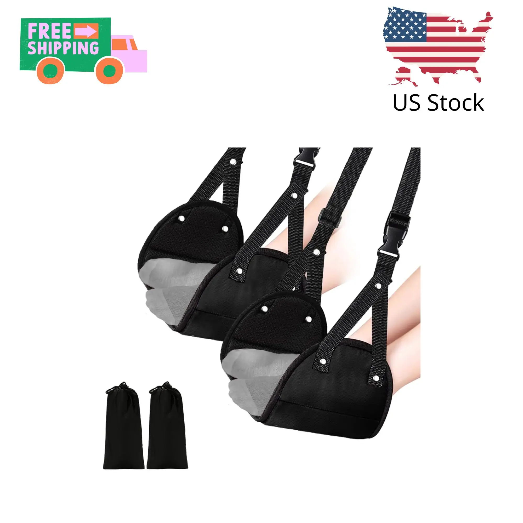2 Pack Airplane Travel Footrest Hammocks, Adjustable, Black, Memory Foam, Foot Hammock