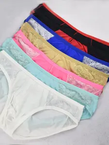 Men's Sexy Fitted Underwear, Ultra-Thin Transparent High Elasticity Waist Lace & Ice Silk Patchwork, Comfortable Breathable Casual Innerwear, Stretch Briefs