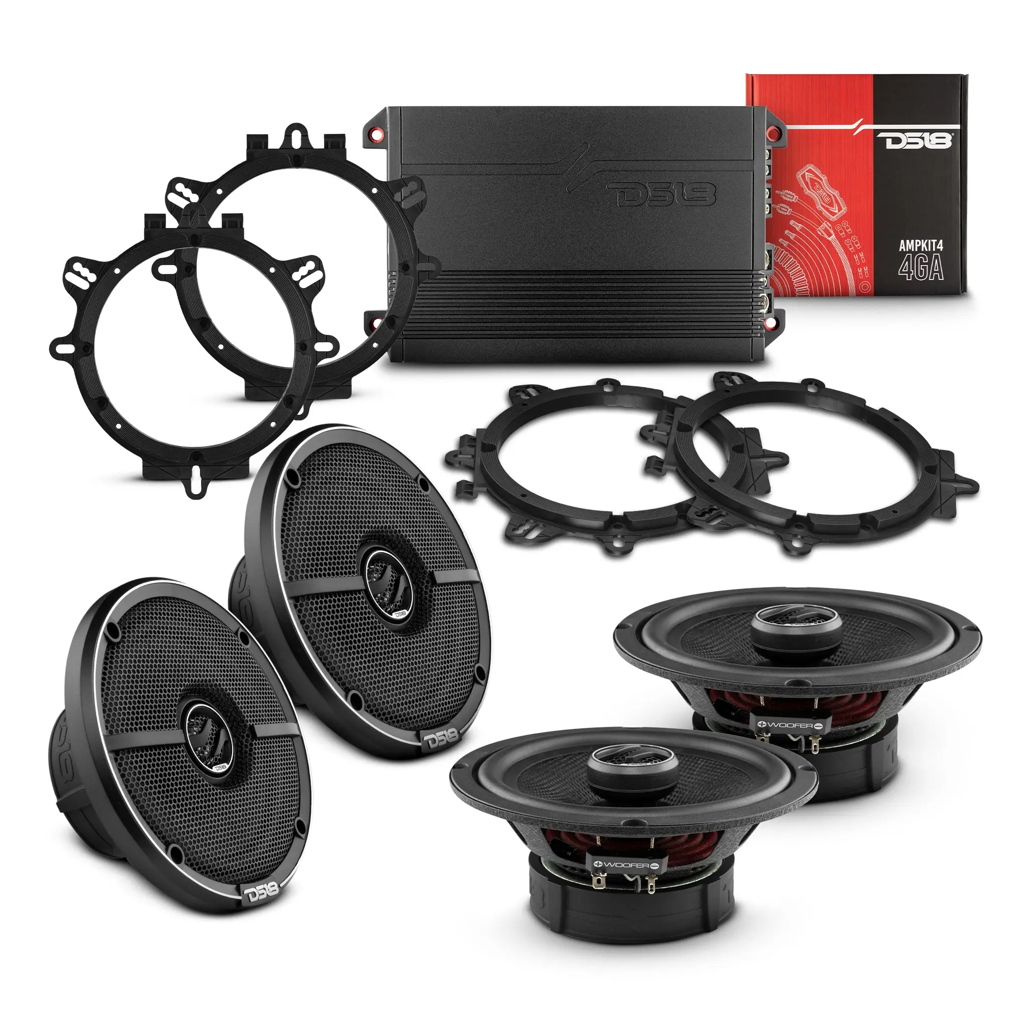 Car Audio Bundle: 6.5" Coaxial Speakers with OEM Speaker Adapters, Amplifier, and Installation Kit