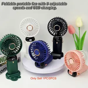 Foldable Portable Mini Fan USB Rechargeable, 5 Speed Settings Button Control LED Display, Ideal for Travel Camping Outdoor Indoor Use