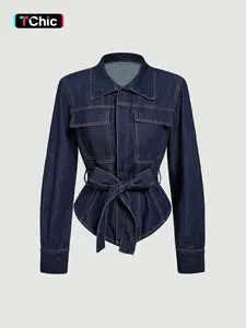 Elegant Summer Women's Denim Jacket, Long Sleeve Lapel Neck Tie Waist Irregular Hem, Casual Slim-Fitting Outerwear, Fashion Design Coats