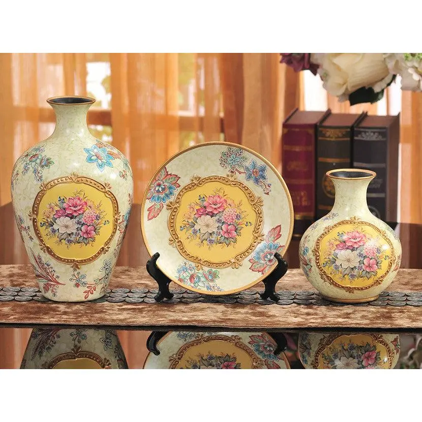 Vintage Collection 3-Piece Ceramic Vase Set – Elegant Yellow Ceramic Vases with Golden Band and Floral Design