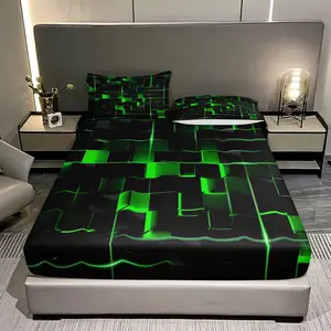 3pc gaming-style geometric checkered fitted sheet set, printed geometric pattern bedding set includes 1 fitted sheet and 2 pillowcases, multiple sizes available, ideal holiday gift for friends, suitable for bedrooms, guest rooms, dorms, and hotels.