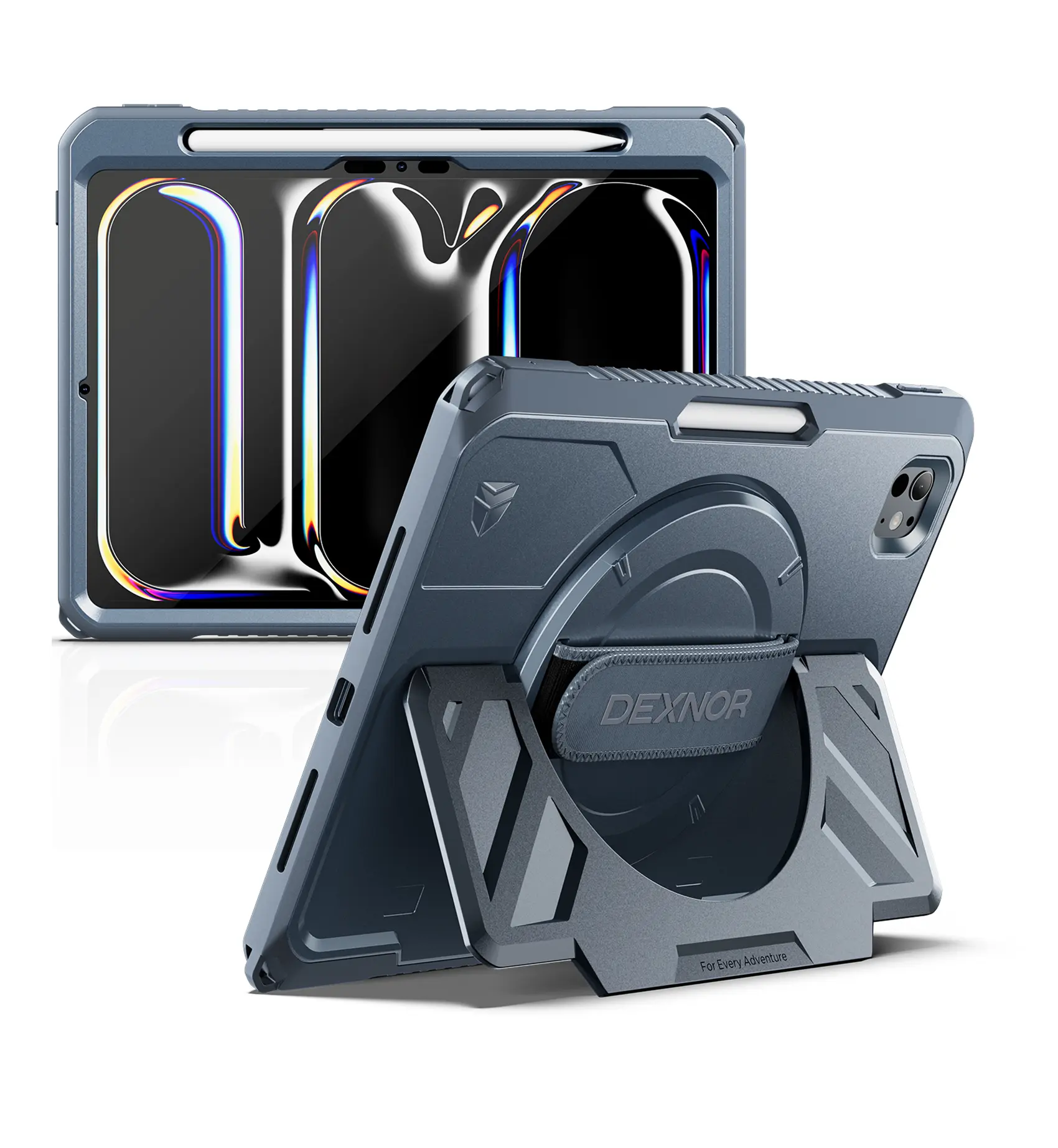 Dexnor Rugged Tablet Case for 11-in iPad Pro M5 2025/M4 2024 - Full-Body Shockproof Bumper Cover with 360° Rotating Hand Strap, Large Steady Stand, Screen Protector, Pencil Holder, Handheld Protection Accessories