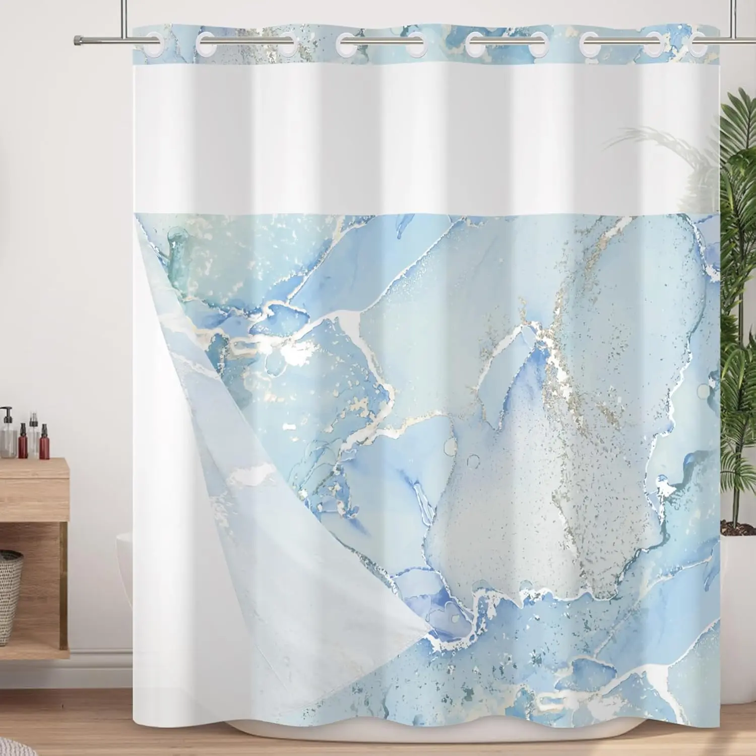 71x74 In Modern No-Hook Blue Marble Polyester Shower Curtain & Snap-In Liner Set - Style 10-Blue Gray, Hanging, Waterproof Bath, Double-Layer Washable Fabric, See-Through Mesh Window, Lightweight HD-Digital-Printing, Easy Installation, Do Not Bleach, Cold