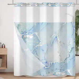 No Hook Shower Curtain with Snap in Liner Set Blue Marble Bath Curtain Double Layers Waterproof Washable Fabric with See Through Mesh Top Window for Bathroom Hotel 71x74 Inch