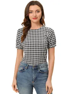INSPIRE CHIC Check Top Gingham Crew Neck Puff Short Sleeve Casual Vintage Plaid Blouse