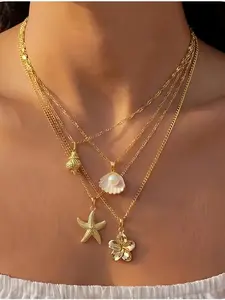 4 Pcs Women's layered necklace featuring shell, starfish, conch, and pearl-shaped pendants, with an adjustable stainless steel chain that is durable and colorfast—perfect for summer beach vacations