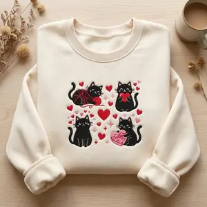 EMBROIDERED Valentine Cat Sweatshirt, Valentines Day Cat Shirt, Cat Mama Hoodie, Valentine Day Sweater, Valentines Day Meow Tee, Cat Mom Tee