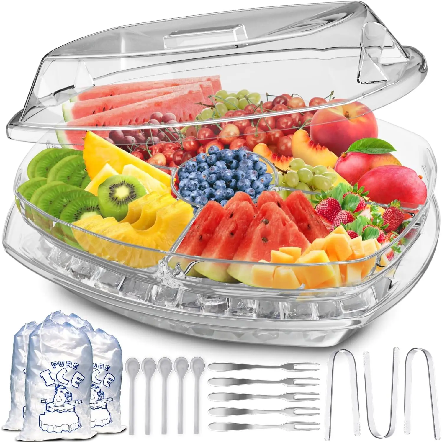 Chilled Serving Tray for Parties - 15" Ice Chilled Party Platter w/Lid & Dip Holder - Functional Cold Dish w/ 4 Compartments -  for Fruits, Veggies, Shrimp Cocktail - Keeps Food Cool
