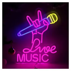 Sign Illuminated Live Music Neon Sign Microphone Light Dimmable USB Powered For Music Scene Bedroom Home Bar Party Wall Decor 30cmx38cm