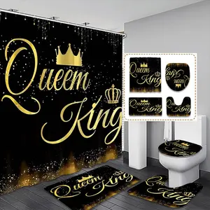 Creative Queen & King Gold Print Shower Curtain Set, Includes 12 Plastic Hooks, Non-Slip Mat, Toilet Lid Pad, Home Bathroom Decor