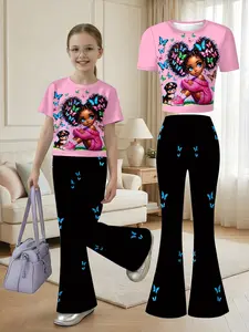 Adorable Toddler Girl Set, Block Design, Short Sleeve Crop Top & Long Pants, Casual Sweet Style, Clothing Sets, Casual Fashion Set, Baby Clothes Girl