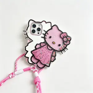 Official Sanrio Hello Kitty Double Layer Cellphone-Smartphone Case with Built-In Mirror, 2 Straps and Gift Box Packaging