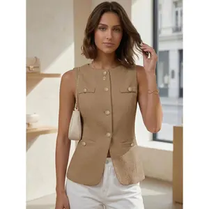 Mina Self 2026 Summer Women's Sleeveless Tweed Vest Tops - Fitted Trendy Fully-Lined Work Casual Outerwear with Pockets
