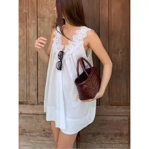 Soft Vintage Exquisite Floral Embroidered Dress Sleeveless Loose A Line Mini Dress Weekend Stylish Outfit