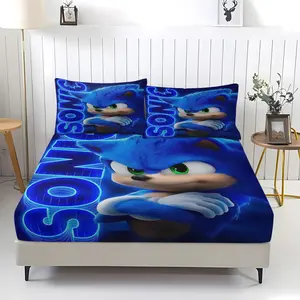 3 Piece Sonic The Hedgehog Fitted Sheet Set, 1 Fitted Sheet + 2 Pillowcases, Soft Polyester Game Print Bedding, Bedroom Decoration, Ideal Holiday Birthday Gift for Kids Teens & Sonic Fans