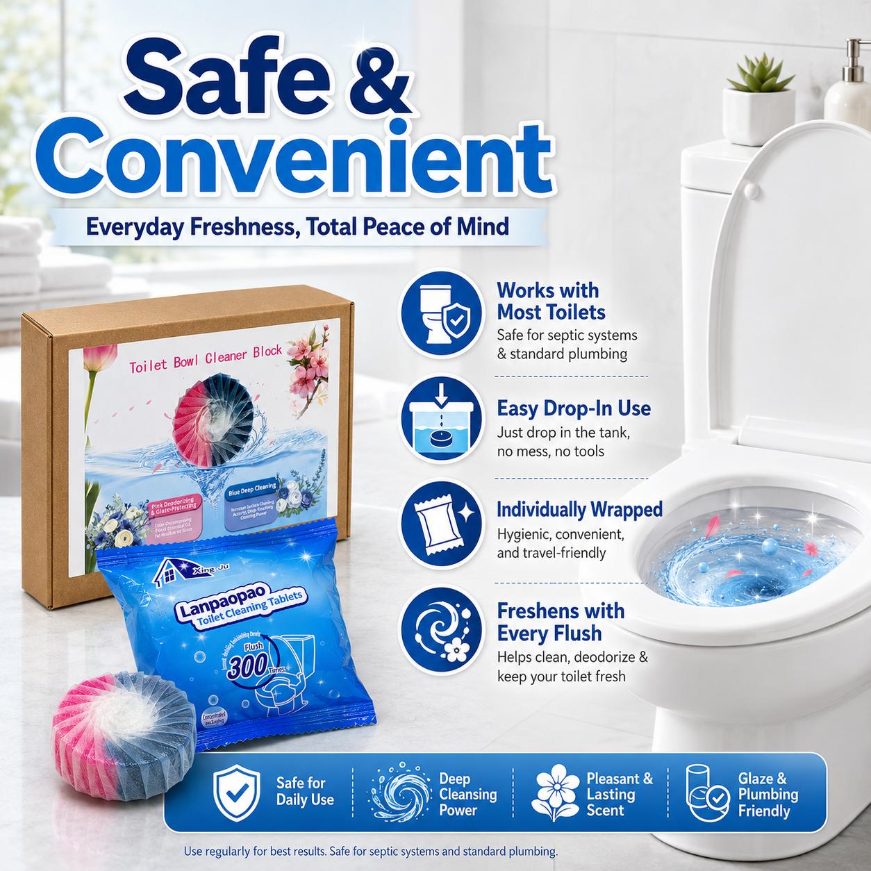 Septic-Safe Household Cleaning Toilet Drop-In Tablets, Continuous Clean Automatic Blue Bowl Cleaner, Removes Hard Water Minerals & Limescale, Offers Stain & Odor Protection (30 Pack)