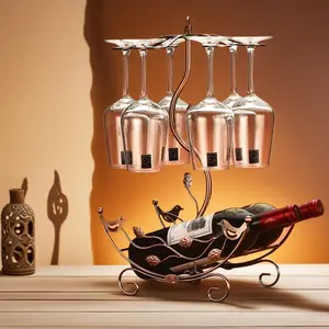 Wine Rack and Wine Bootle Holder-Antique Brone Wine Stand Hold 2 Wine Bottles and 6 Glasses