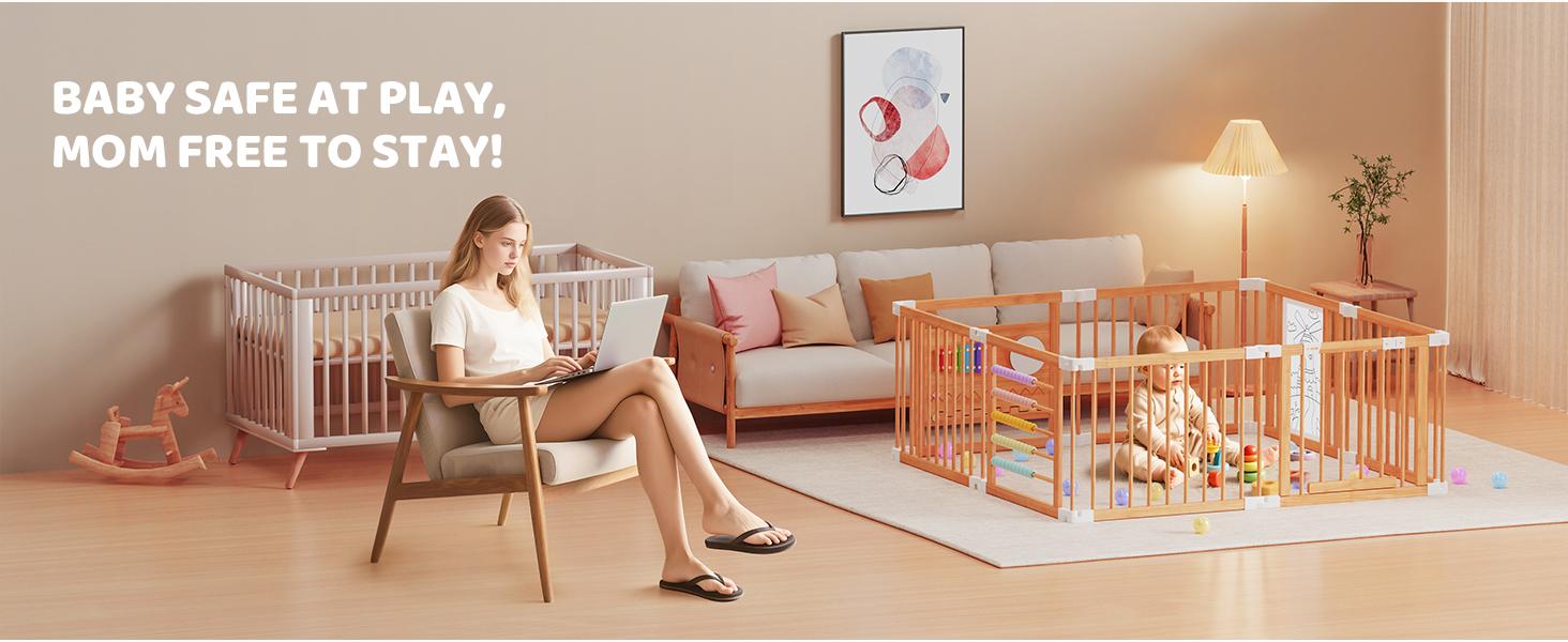 Naudacaa Baby Playpen & Safety Gate, 6/8/10 Panels  Foldable Pine Wood Play Yard with Child-Proof Lock, Easy-Assembly Baby Fence for Indoor Safe Play
