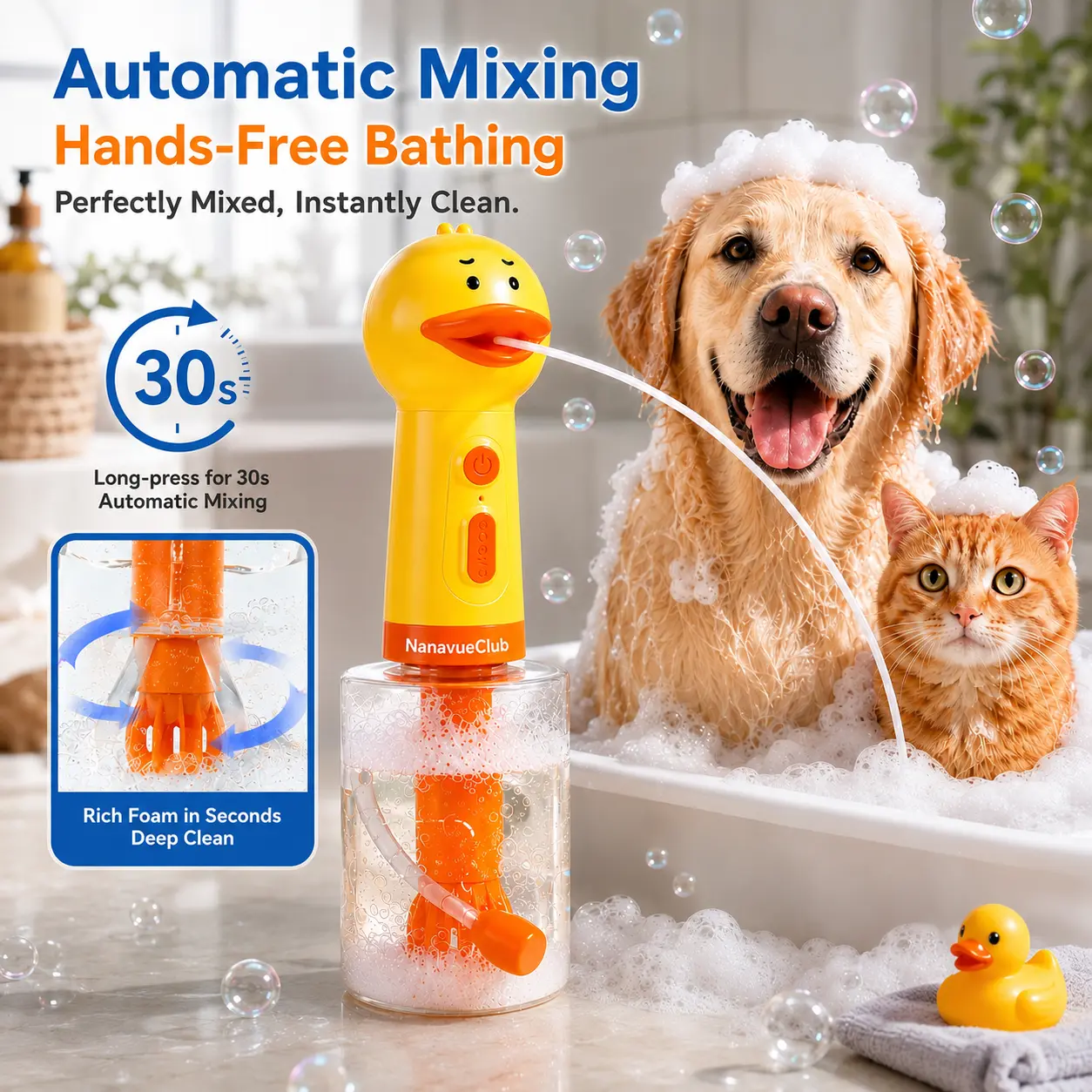Rechargeable Dog Bath Foam Sprayer, Pet Shampoo Foaming Dispenser with Automatic Mixing System, Hands-Free Grooming Tool for Puppy Bath, Bathroom and Home Cleaning