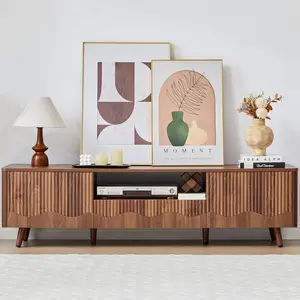 Giratree 62” Modern Fluted TV Stand for 75” TVs, Wave Panel Media Console with Spacious Storage, Drawers & Open Shelf for Living Room