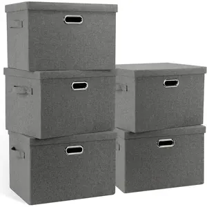 Large 17" 36 Quart Collapsible Stackable Storage Bins with Lids, 5 Packs Gray Foldable Fabric Closet Storage Boxes with Lids, Heavy-duty Linen Cube Baskets(17 x 12 x 11)