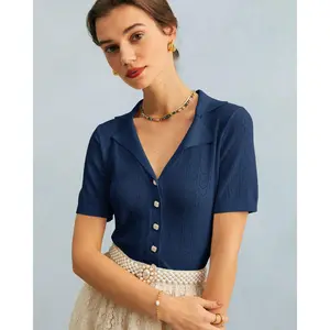 rihoas Women's Short-Sleeve Slim Knitted Collared Pointelle Nylon-Viscose Blend Solid Blouse, Fitted Basic Casual Navy Piece, Versatile Layering Top for Blazer Pairing