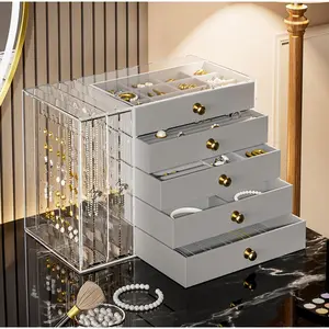 Transparent jewelry storage box with multi-layer drawer design, multi-compartment storage box for rings and earrings, suitable for dressing tables or desks, minimalist style, jewelry organizer box, Multilayer Storage