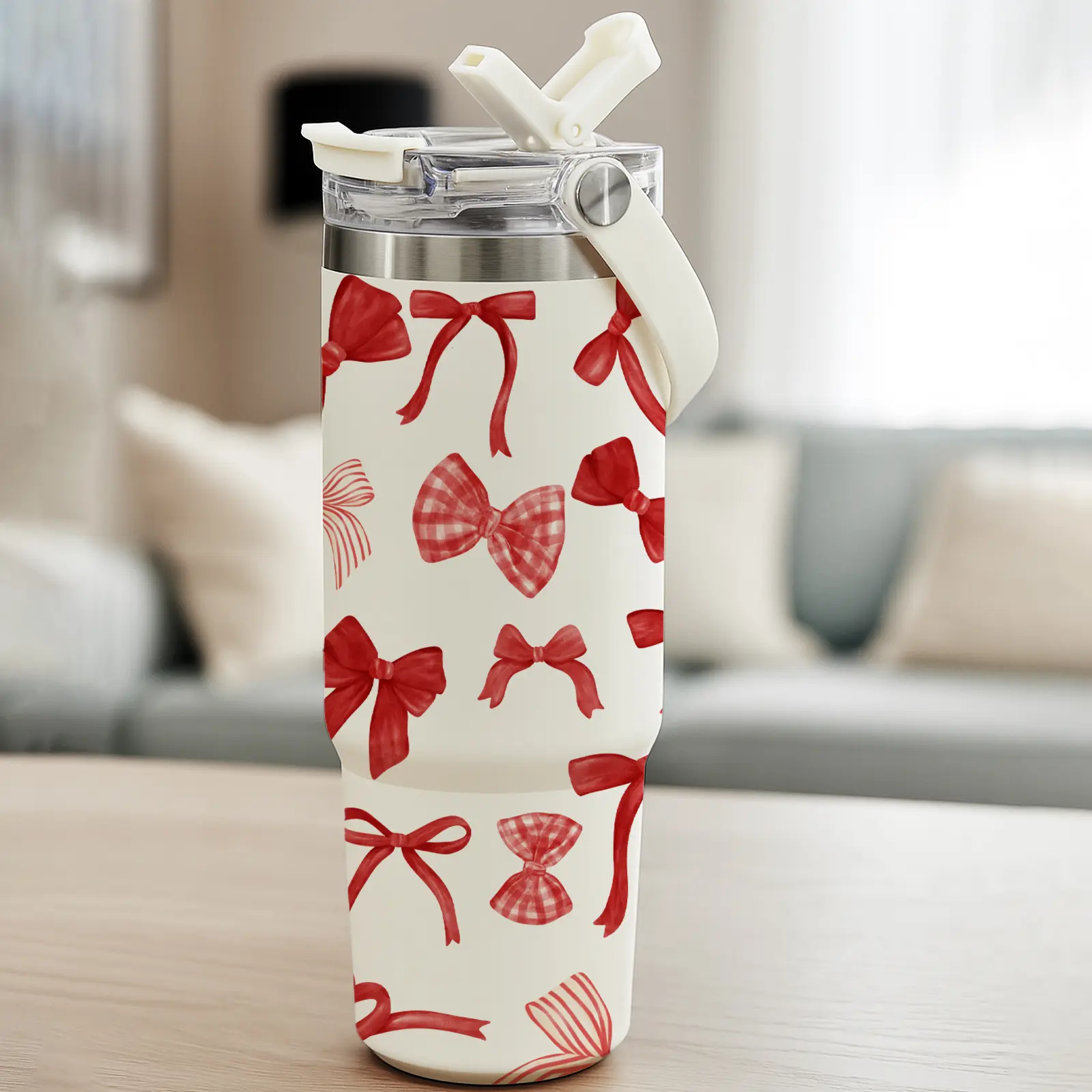 red bow design,1 Pc 30oz mug, double wall vacuum cup, Stainless Steel Tumbler, Insulated Cups, leak-proof lid, hot cold drinks tumbler, Insulated Water Bottle, gift for women, birthday, Christmas, keeps warm 12h cold 24h, travel thermal mug