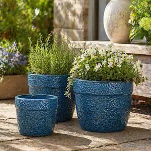 3-Piece Handcrafted Textured Look Blue Ceramic Round Planter Set, 15/12/9 in Diameter, Breathable Clay, for Succulents & Indoor Plants, Windowsill Use