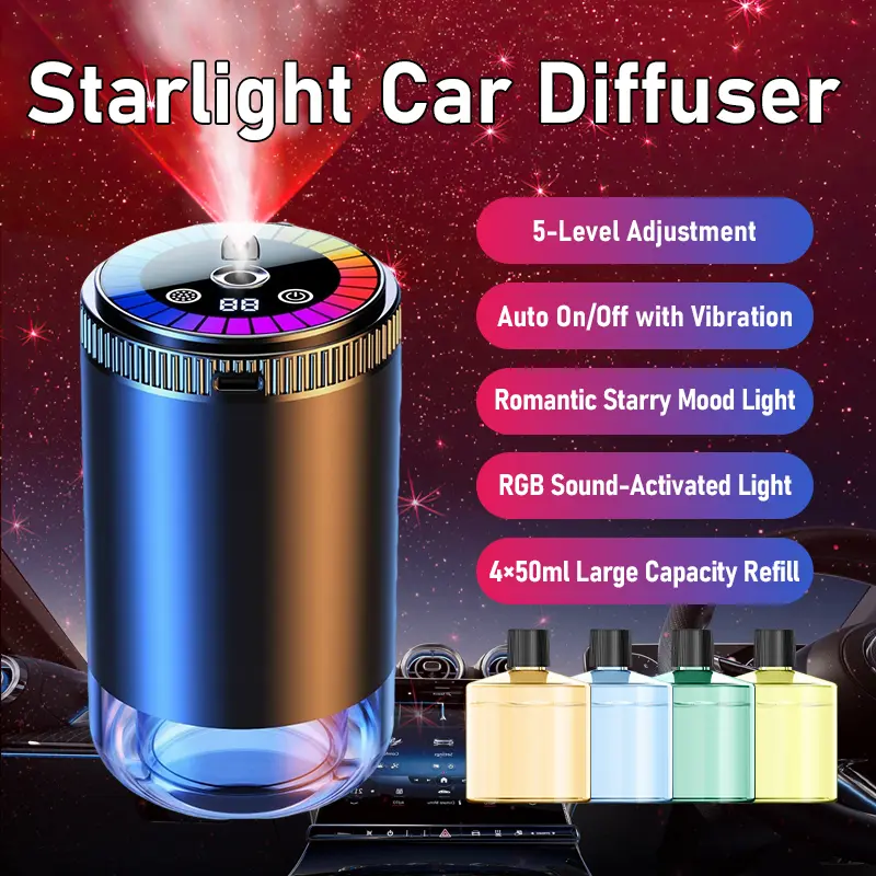 Sound Activated Starry Sky Car Aroma Device - Compact Car Interior Accessories, 5-Speed Control, 4 RGB Lighting Modes, Automatic Aerosol Fragrance Spray Diffuser, Intelligent Atmosphere Optimizer, 4x50ml Cells, Auto Start, Any Cup Holder, 1 Smart Device +