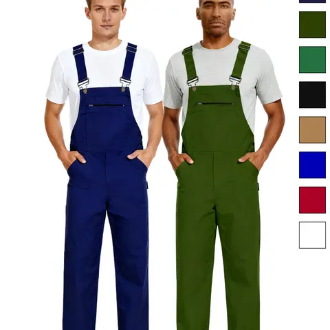 WORK IDEA Men's Cotton Overalls with Straps & Buckle, Comfortable Skin-Friendly Durable Plain Soft Fabric, 8 Functional Pockets, Elastic Waistband, Easy On/Off Workwear Uniforms (Black, Beige) for Outdoor Activities (Pair with T-Shirt)