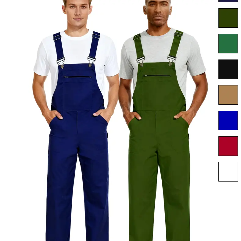WORK IDEA Men's Cotton Overalls with Straps & Buckle, Comfortable Skin-Friendly Durable Plain Soft Fabric, 8 Functional Pockets, Elastic Waistband, Easy On/Off Workwear Uniforms (Black, Beige) for Outdoor Activities (Pair with T-Shirt)