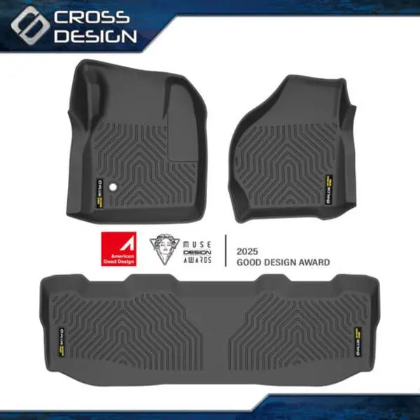 CROSSDESIGN TPE All Weather Automotive Mats, Car Accessories for 1999-07 Ford F-250 F-350 Super Duty Crew Cab, 3-Pc Black Front & 2nd Row Mats with Fold Flat Storage, Crease Recovery, Easy Maintenance