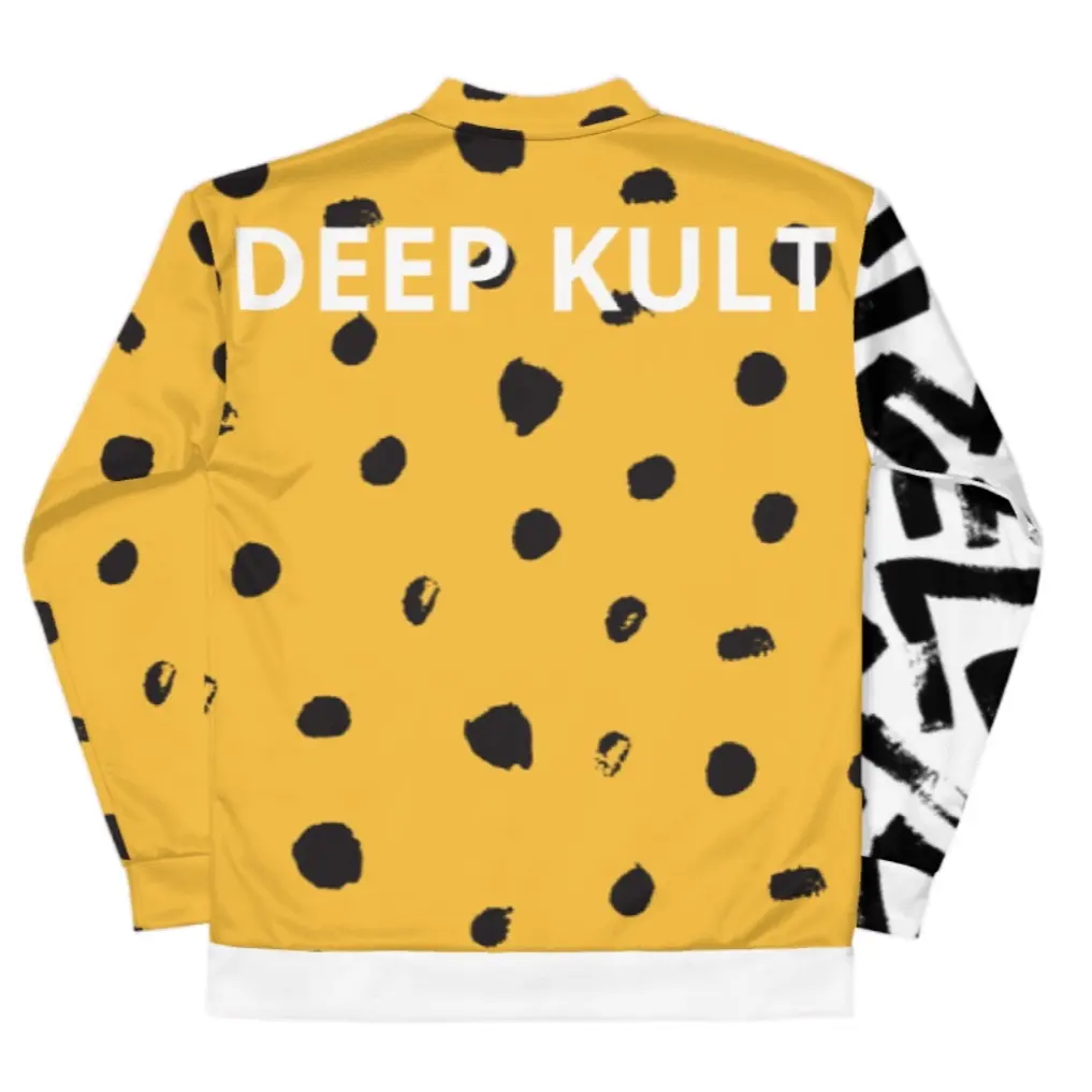 Elevate your wardrobe with the bold and artistic Deep KULT Jacket. This statement piece combines a vibrant mustard yellow sleeve and back with striking black paint-inspired polka dots for a daring yet stylish look.