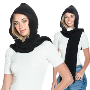Black 2 Way Long Scarf for Women & Men, Winter Warm Hooded Scarf, Knitted Hat Scarf Set, Balaclava Ski Mask