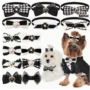 12PCS Luxury Dog Collars Black Style Adjustable Dog Bow Ties Collars With Pearl Bulk Pet Groomming Accessories For Dogs