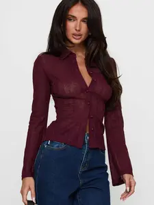 Princess Polly When You Sleep Long Sleeve Top Wine Classic Collar Button Closure Flared Cuffs Sheer Textured Fabric Good Stretch Unlined - Fit