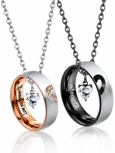 Couple ring set, stainless steel engraved ring necklace with unisex commitment rings, romantic anniversary and Valentine's Day jewelry gift.